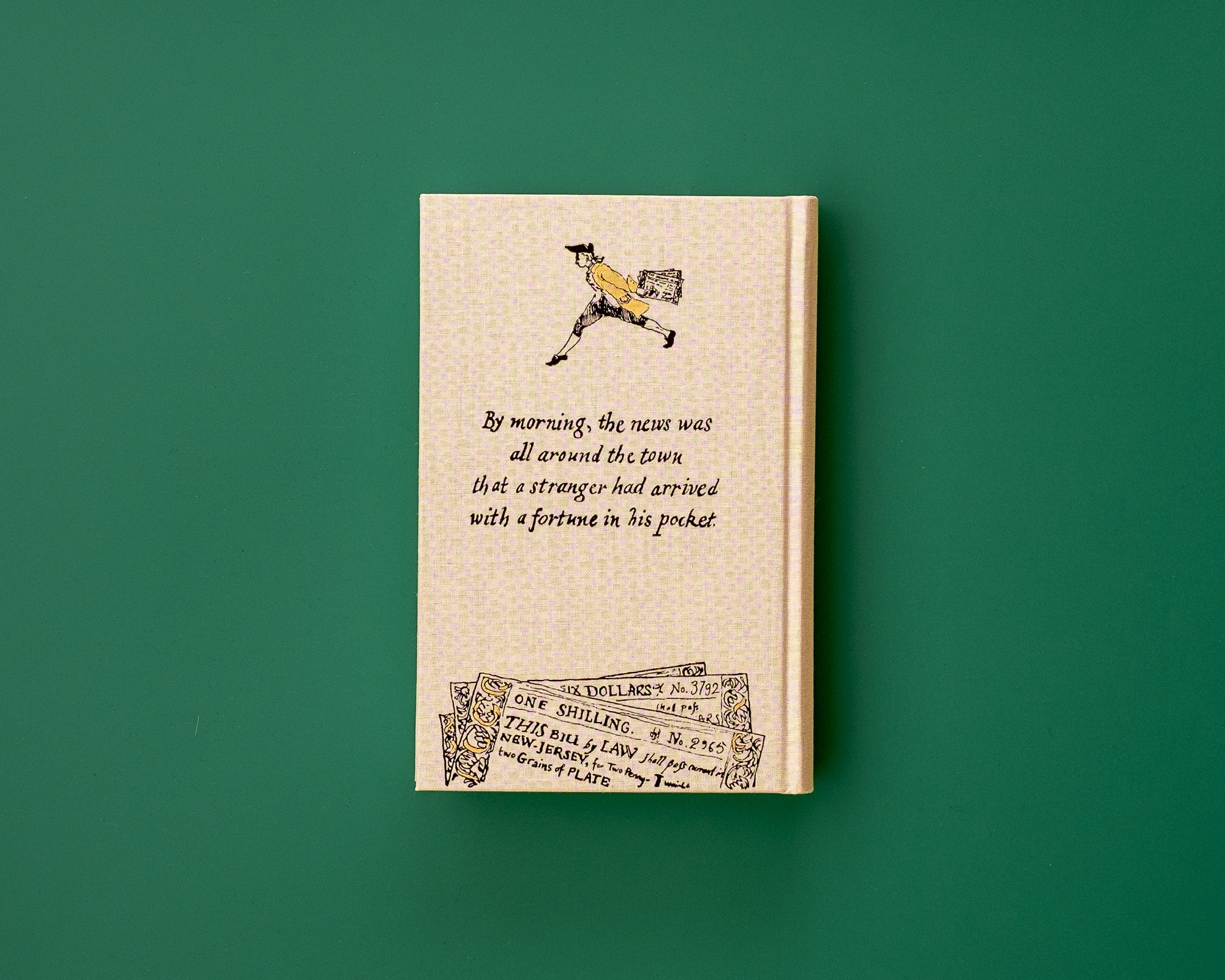 Back cover of Faber Members Edition of Golden Hill by Francis Spufford on a green background