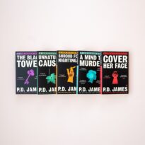 Black covers of P. D. James novels, on a clear background