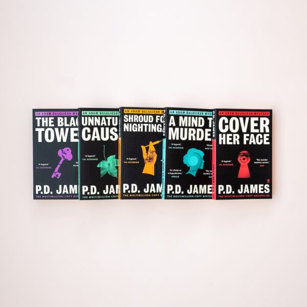 Black covers of P. D. James novels, on a clear background